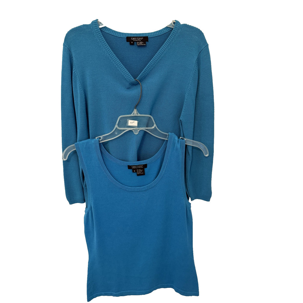 Karen Kane Sweater Set Womens Small Teal Twinset V Neck Pullover‎ + Tank Silk